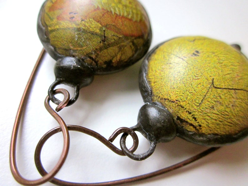 primitive distressed assemblage lime green pink flower recycled tin hollow bauble black metal earring Don/'t Let Anybody Tell You Different