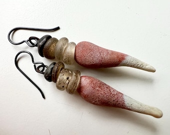 A Bit of the Bandit - primitive tribal assemblage foxtail red cream lampwork glass, stacked glass trade beads, soldered metal earrings