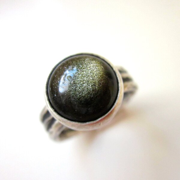 Black As Your Soul - dark primitive minimalist chatoyant velvet black gold sheen obsidian stone cabochon and textured sterling silver ring