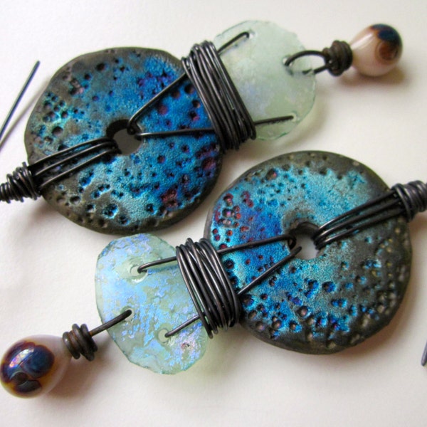 RESERVED - In Perfect Darkness - ultraviolet indigo blue primitive raku disc, ancient Roman glass, ivory lampwork glass, & ox copper earring