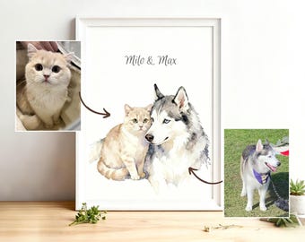 Retrato personalizado de dos mascotas, pintura de acuarela personalizada a partir de una foto, regalo conmemorativo para mascotas, regalo para amantes de las mascotas, descarga digital