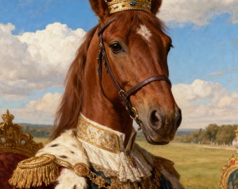 Retrato de caballo real divertido, pintura al óleo, arte personalizado de estilo renacentista para mascotas, decoración de pared de caballo noble, descarga digital