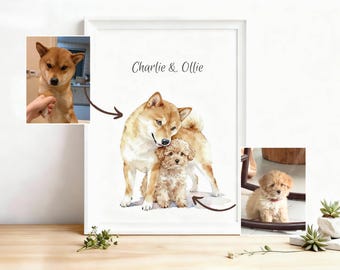 Retrato personalizado de dos mascotas, pintura de acuarela personalizada a partir de una foto, regalo conmemorativo para mascotas, regalo para amantes de las mascotas, descarga digital