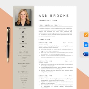 May include: A professional resume template with a photo of a woman, contact information, education, and expertise sections. A black and gold pen is on the left. The resume is on a white background with a light beige sidebar.