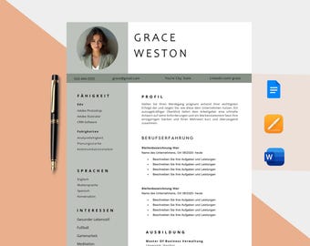 Plantilla de currículum en alemán para Word, Google Docs y Pages (descarga digital)