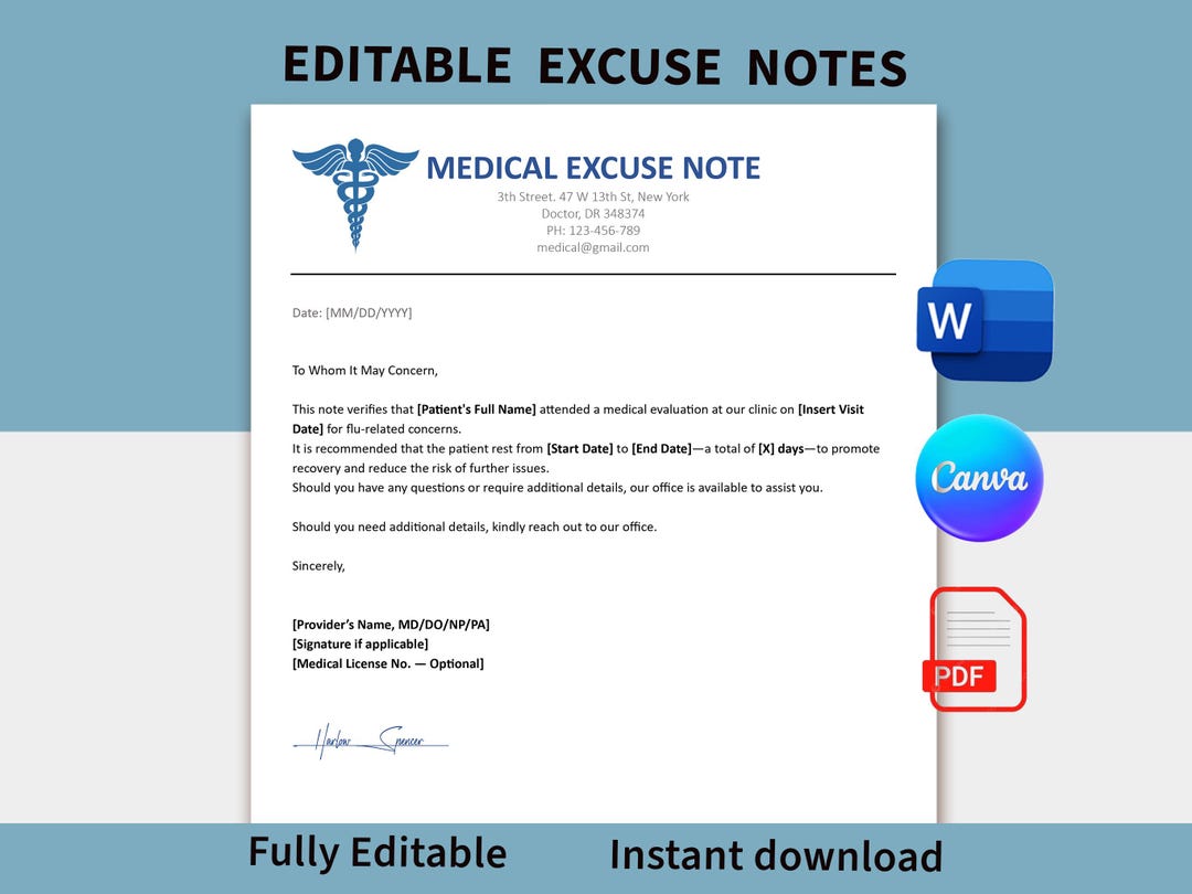 Editable Doctor Excuse Note Template (canva, Word, PDF) - Etsy
