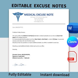 Puede incluir: Una plantilla de nota de excusa médica blanca con texto azul y un símbolo de caduceo. La nota incluye campos para la información del paciente, fechas y la firma del médico. También son visibles iconos de Word, Canva y PDF.