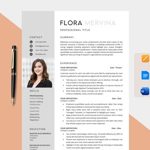 Puede incluir: Una plantilla de currículum vitae profesional con foto, información de contacto y secciones para habilidades, experiencia y educación. Un bolígrafo negro y dorado descansa en la esquina del currículum. El currículum está sobre un fondo gris claro.