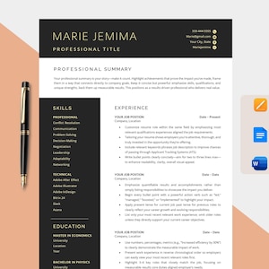 Puede incluir: Una plantilla de currículum vitae profesional en negro y dorado. El documento incluye secciones para habilidades, experiencia y educación. Un bolígrafo negro y dorado está colocado a la izquierda del currículum.