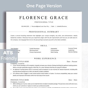 May include: A white resume template document titled Florence Grace with black text. It features sections for professional summary, skills, and work experience. The document includes placeholder text and a grey box on the left side with the text ATS Friendly.