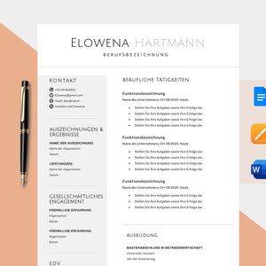 Puede incluir: Una plantilla de currículum vitae en alemán con el nombre "ELOWENA HARTMANN" en la parte superior. El documento incluye secciones para información de contacto, experiencia laboral y educación. Un bolígrafo negro y dorado descansa a la izquierda.