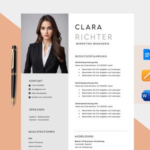 May include: A modern resume template with a photograph of a woman in a black blazer. The resume includes sections for contact details, work experience, and education. A black and gold pen is on the left side of the image.