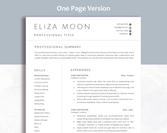 May include: A professional resume template titled One Page Version featuring the name Eliza Moon, a professional title, contact information, and sections for a professional summary, skills, and experience with bulleted job descriptions.