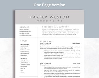 May include: A one-page resume template featuring a gray header with the name Harper Weston and a professional title. The layout includes sections for contact information, professional summary, skills, and experience with bulleted text.