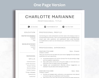 May include: A one-page resume template featuring a clean layout with black text on a white background. It includes sections for professional profile, education, skills, and experience, with placeholders for contact information and job history.