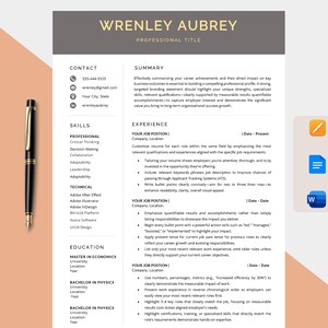 Pode incluir: Um modelo de currículo profissional com o nome "Wrenley Aubrey" no topo. O currículo inclui seções para informações de contato, habilidades, experiência e educação. Uma caneta preta e dourada está no lado esquerdo.