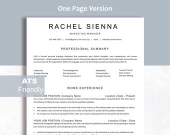 May include: A one-page resume template featuring a clean, black and white layout with the name Rachel Sienna at the top. The document includes sections for a professional summary, skills, and work experience, with text labeled ATS Friendly.