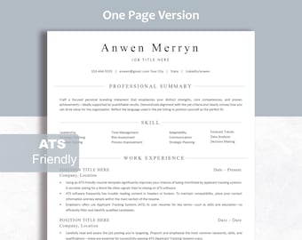 May include: A one-page resume template featuring the name Anwen Merryn at the top, followed by sections for professional summary, skills, and work experience. The document includes placeholder text and a gray box labeled ATS Friendly on the left side.