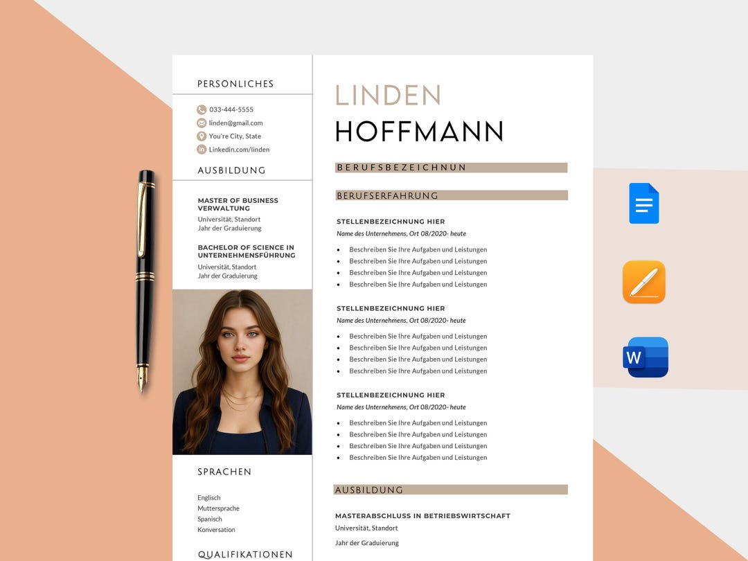 German Resume Template, Modern CV Design, Cover Letter (digital ...