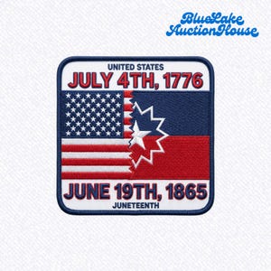 May include: A square embroidered patch featuring a split design. The left side shows the United States flag, and the right side displays the Juneteenth flag with a white starburst. Text reads UNITED STATES JULY 4TH, 1776 and JUNE 19TH, 1865 JUNETEENTH.
