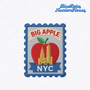 New York City Big Apple Embroidered Patch NYC Skyline Yellow Taxi Retro Postage Stamp Wavy Frame Iron On Badge Travel Souvenir