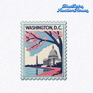 May include: A rectangular embroidered patch shaped like a postage stamp featuring the text WASHINGTON, D.C. The design depicts the U.S. Capitol building, the Washington Monument, and a cherry blossom tree with pink flowers against a blue sky.