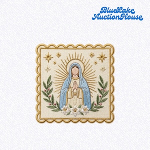 May include: A square embroidered patch with a scalloped gold border featuring a central figure in a blue and cream robe with hands clasped in prayer, surrounded by a gold sunburst, green leafy branches, white flowers, and gold stars.