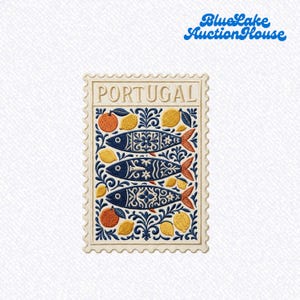 May include: A rectangular postage stamp design featuring the word PORTUGAL at the top. The central illustration displays three horizontal blue fish with intricate white patterns, surrounded by yellow lemons and orange citrus fruits.