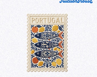 Portugal Sardines Postage Stamp Embroidered Patch Vintage Travel Souvenir Iron On Badge for Bags Jackets