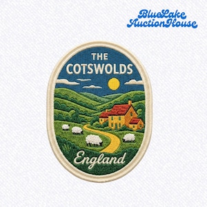 May include: An oval embroidered patch featuring a landscape of The Cotswolds, England. The design shows a yellow stone house, a winding path, green rolling hills, a yellow sun in a blue sky, and several white sheep grazing in the fields.