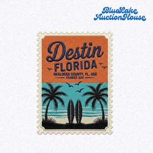 May include: A rectangular embroidered patch shaped like a postage stamp featuring an orange sky over a blue ocean with two palm trees and two surfboards. The text reads Destin FLORIDA OKALOOSA COUNTY, FL, USA FOUNDED 1845 in dark blue.