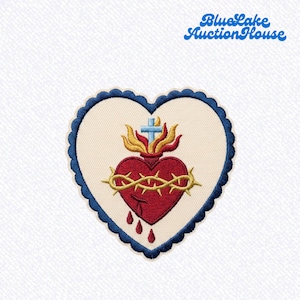 May include: An embroidered patch in the shape of a heart with a scalloped dark blue border. The center features a red heart encircled by a yellow crown of thorns, topped with yellow flames and a light blue cross, with three red drops below.