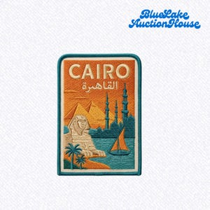 May include: A rectangular embroidered patch featuring a scene of Cairo with the Sphinx, pyramids, a sailboat on water, and palm trees. The text CAIRO and Arabic script are stitched in white against an orange background with a teal border.
