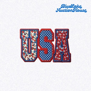 May include: An embroidered patch featuring the letters USA in a block font. The U and A are filled with a red and blue floral pattern on a white background, while the S features a blue background with white polka dots. All letters have red borders.