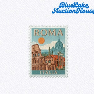 May include: A postage stamp design featuring the word "ROMA" at the top and "ITALIA" at the bottom. The stamp depicts the Colosseum, a domed building, and a setting sun. The stamp is bordered by a light blue frame.