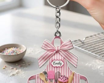 Personalized Apron Keychain, Custom Name Pink Striped Baker Gift, Cupcake Baking Lover Keyring, Pastry Chef Gift, Cute Kitchen Bag Tag Gift