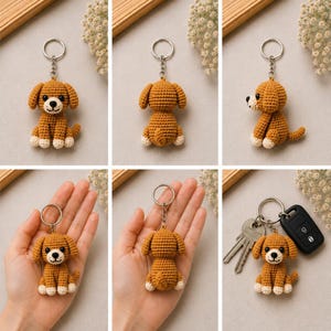 May include: A collection of crochet dog keychains. Each keychain features a small, brown dog with white paws and a black nose. The dogs are attached to silver keyrings. One image shows the keychain with keys and a car key fob.