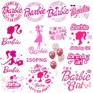Può includere: Una collezione di grafiche rosa a tema Barbie. I disegni includono il logo Barbie, sagome e frasi come "Come On Barbie, Let's Go Party" e "I'm a Barbie Girl." Include anche un grappolo di palloncini.