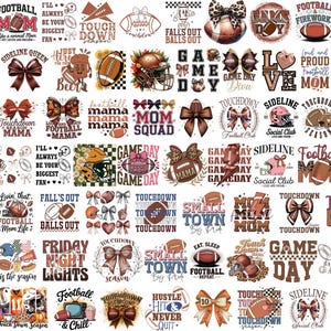 Pode incluir: Uma cole&ccedil;&atilde;o de designs com tema de futebol com texto e gr&aacute;ficos. Os designs incluem bolas de futebol, la&ccedil;os, capacetes e frases como "Football Mom", "Game Day" e "Touchdown". A paleta de cores apresenta marrons, beges e branco.