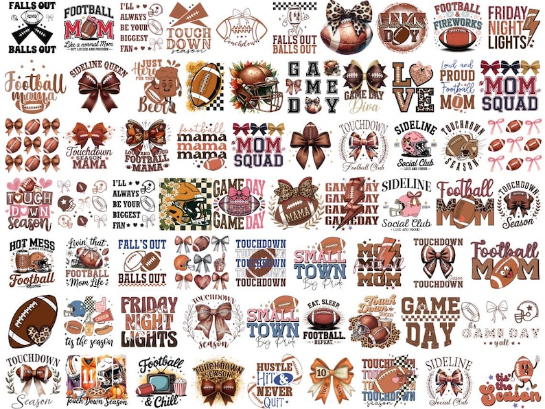 Pode incluir: Uma cole&ccedil;&atilde;o de designs com tema de futebol com texto e gr&aacute;ficos. Os designs incluem bolas de futebol, la&ccedil;os, capacetes e frases como "Football Mom", "Game Day" e "Touchdown". A paleta de cores apresenta marrons, beges e branco.