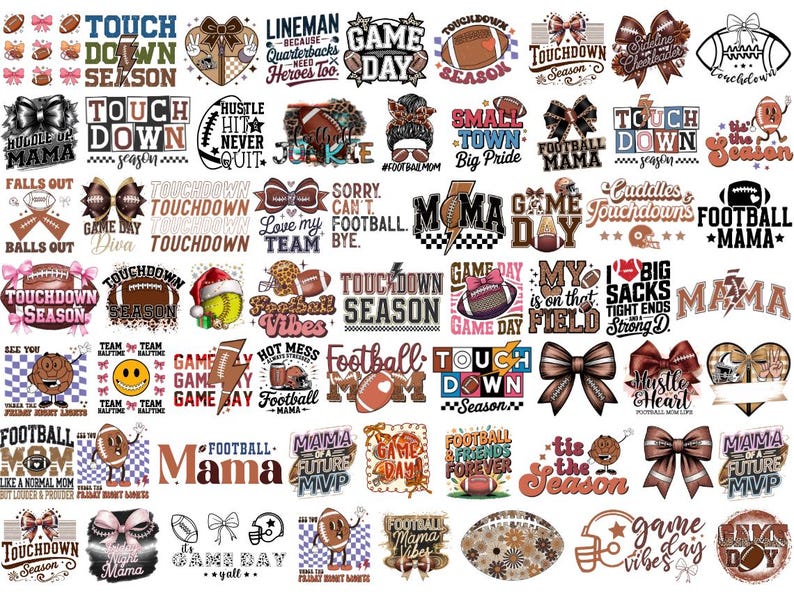 Pode incluir: Uma cole&ccedil;&atilde;o de designs digitais com tema de futebol americano. Os designs incluem texto como "Touchdown Season", "Football Mama" e "Game Day", juntamente com gr&aacute;ficos de futebol americano, la&ccedil;os e outros elementos decorativos. A paleta de cores inclui castanho, laranja e branco.