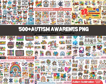 Mais de 500 designs de sublimação para conscientização do autismo: Pacote de imagens para camisetas (PNG)