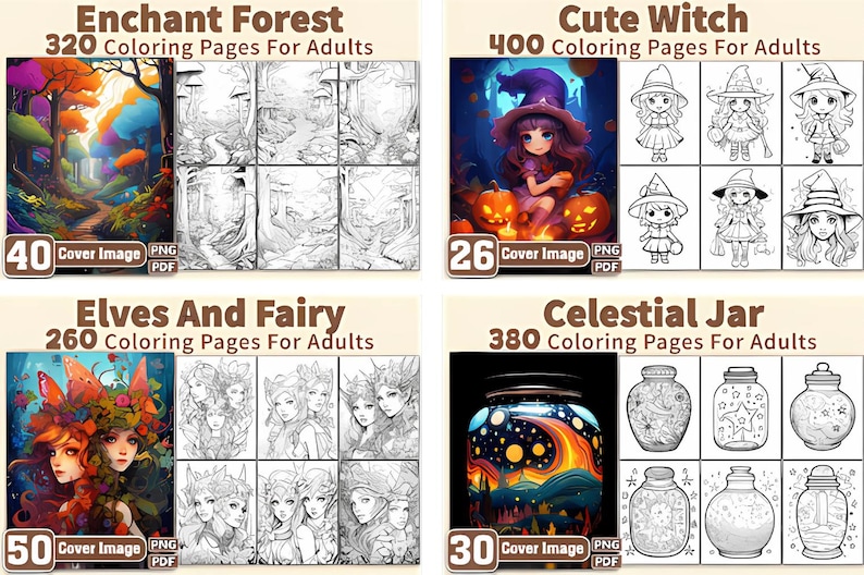 Puede incluir: Una colecci&oacute;n de libros para colorear para adultos con temas de fantas&iacute;a. Los t&iacute;tulos incluyen "Enchant Forest", "Cute Witch", "Elves And Fairy" y "Celestial Jar". Cada libro presenta im&aacute;genes de portada y p&aacute;ginas para colorear.