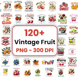 Puede incluir: Una colección de más de 120 gráficos PNG vintage con temática de frutas, cada uno con un diseño único. Los diseños presentan varias frutas como fresas, naranjas y cerezas, con textos como "Farmer's Market" y "Sweetness".