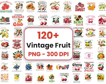 120+ Vintage Früchte PNG Clipart Bundle, Sublimationsdesigns (kommerzielle Nutzung)