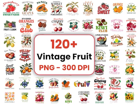 120+ Vintage Fruit PNG Clipart Bundle, Sublimation Designs (Commercial Use)