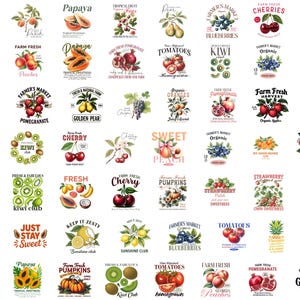 May include: A selection of vintage fruit and vegetable labels in various colours. The labels depict illustrations of produce such as peaches, tomatoes, and cherries, with text including "Farm Fresh" and "Organic".