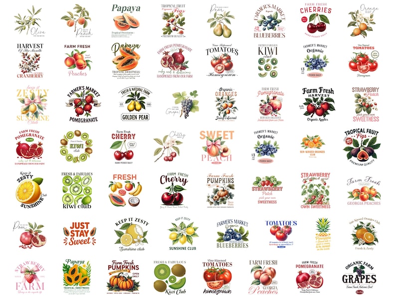 May include: A selection of vintage fruit and vegetable labels in various colours. The labels depict illustrations of produce such as peaches, tomatoes, and cherries, with text including "Farm Fresh" and "Organic".