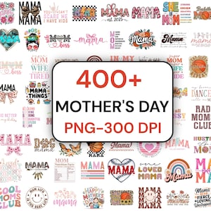 Könnte beinhalten: Eine Sammlung von über 400 Muttertags-PNG-Bildern, 300 DPI, mit verschiedenen Designs. Die Designs umfassen Blumenarrangements, Basketbälle, Herzen und das Wort "Mama" in verschiedenen Schriftarten und Stilen. Die Bilder sind farbenfroh und für verschiedene Bastelprojekte geeignet.