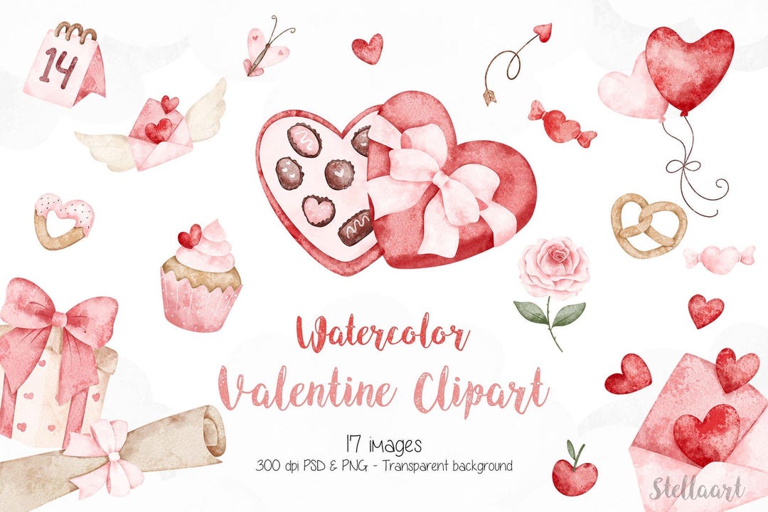 Watercolor Valentine Clipart – Heart Balloons, Candy (PNG, PSD) - Etsy